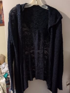 No Boundaries Navy Open-Front Hooded Knit Cardigan